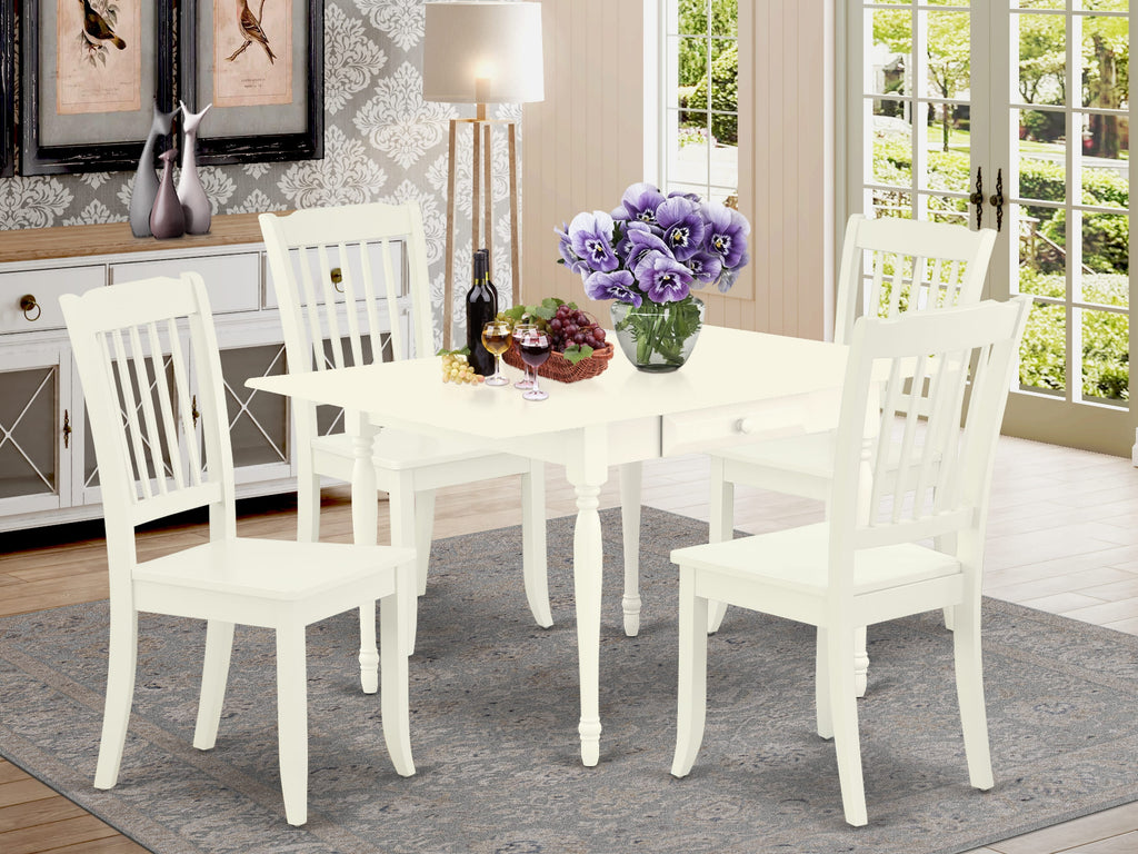 MZDA5-ZS4-3 Complete 5-Piece Set Rectangle Dining Table with Dropleaf & 4 Chairs in Off-White, 36x54 Inches