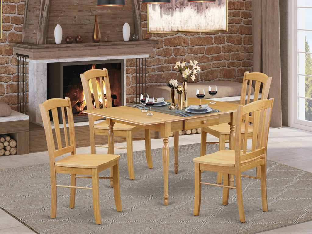 MZDL5-XX2-6 5 Piece Dining Ensemble with Rectangle Drop Leaf Table & 4 Chairs, 36x54 in Oak