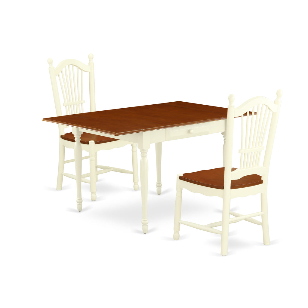 MZDO3-7AA-X 3-Piece Dining Ensemble with Rectangular Dropleaf Table & 2 Wooden Chairs, 36x54, Buttermilk & Cherry