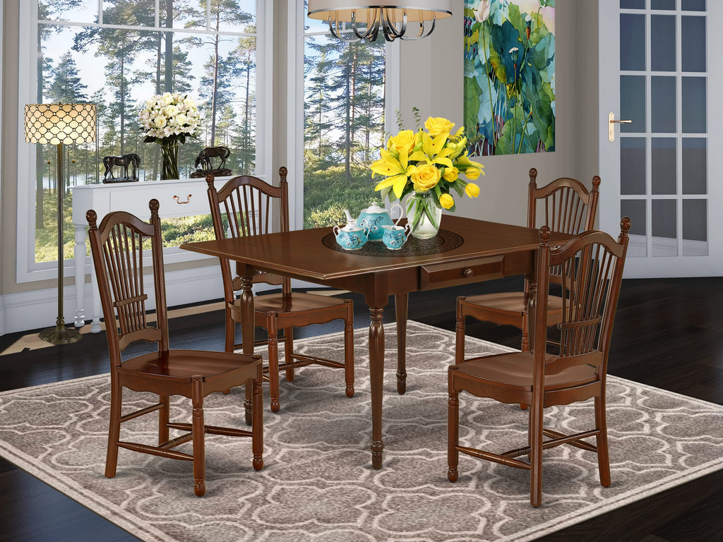 MZDO5-L6A-5 Elegant 5-Piece Rectangular Dining Set with Drop Leaf Table & 4 Chairs, Mahogany Finish
