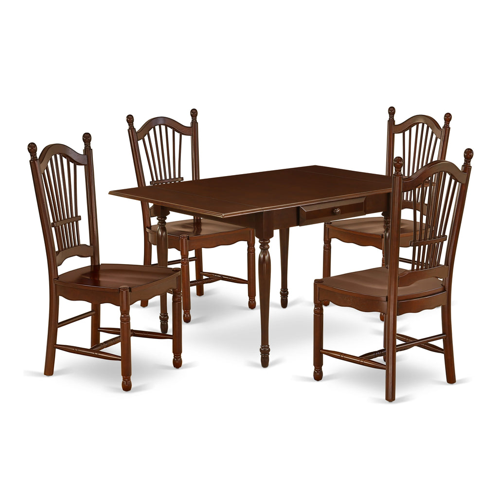 MZDO5-L6A-5 Elegant 5-Piece Rectangular Dining Set with Drop Leaf Table & 4 Chairs, Mahogany Finish