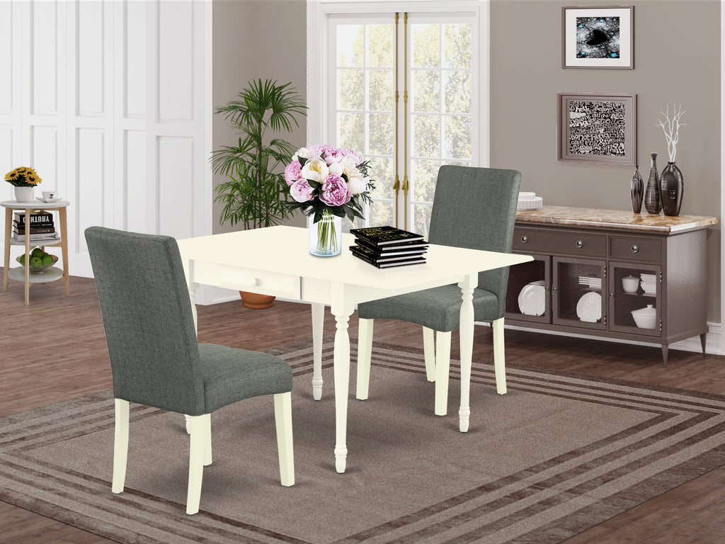 MZDR3-PQ0-FS 3 Piece Dining Room Ensemble with Drop Leaf Table & Two Elegant Gray Upholstered Chairs, 36x54 in White Finish