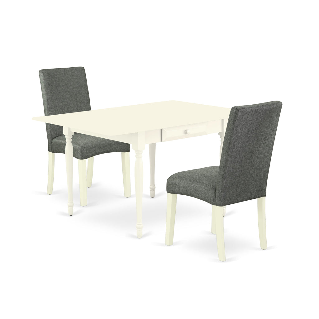 MZDR3-PQ0-FS 3 Piece Dining Room Ensemble with Drop Leaf Table & Two Elegant Gray Upholstered Chairs, 36x54 in White Finish