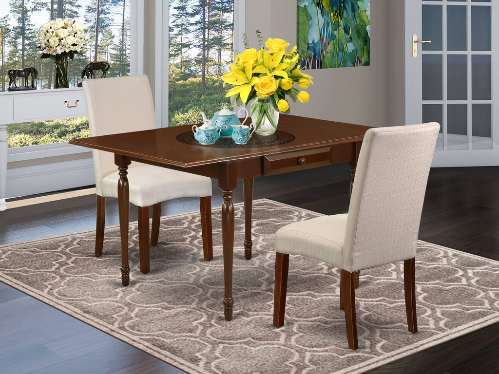 MZDR3-5P1-OO 3-Piece Compact Dining Ensemble Rectangular Table with Dropleaf & 2 Cream Upholstered Chairs