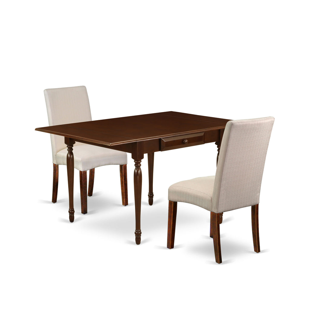 MZDR3-5P1-OO 3-Piece Compact Dining Ensemble Rectangular Table with Dropleaf & 2 Cream Upholstered Chairs