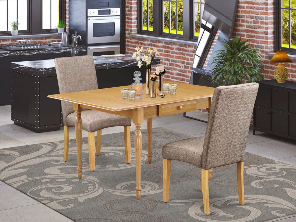 MZDR3-S65-FC Cozy Dining Set Rectangle Table with Dropleaf and 2 Plush Parsons Chairs in Rich Fabric, Oak Finish