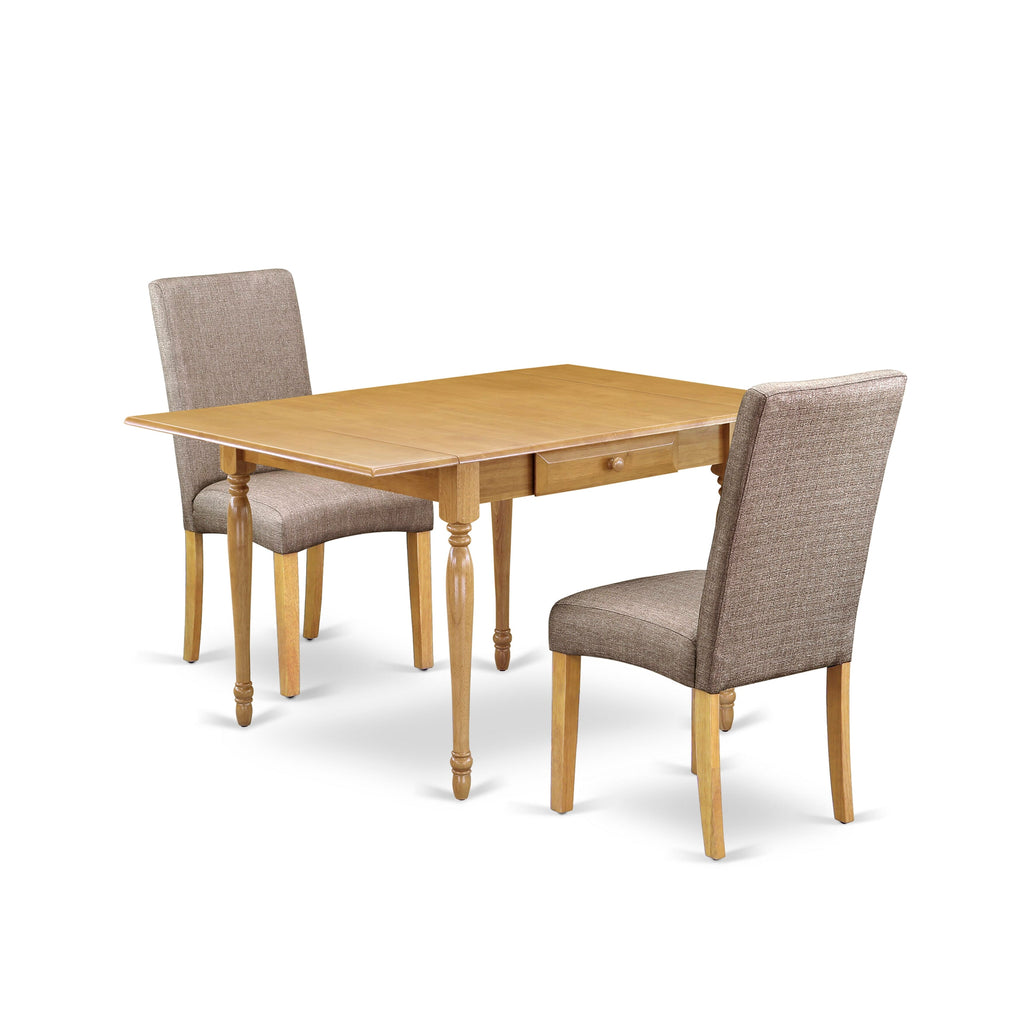 MZDR3-S65-FC Cozy Dining Set Rectangle Table with Dropleaf and 2 Plush Parsons Chairs in Rich Fabric, Oak Finish