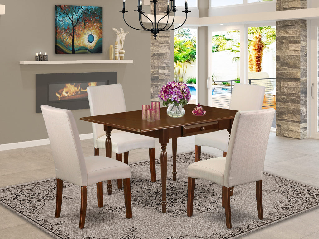 MZDR5-UTR-72 Dining Ensemble 5-Piece Mahogany Table Set with 4 Upholstered Cream Chairs and Versatile Dropleaf Design for Compact Spaces