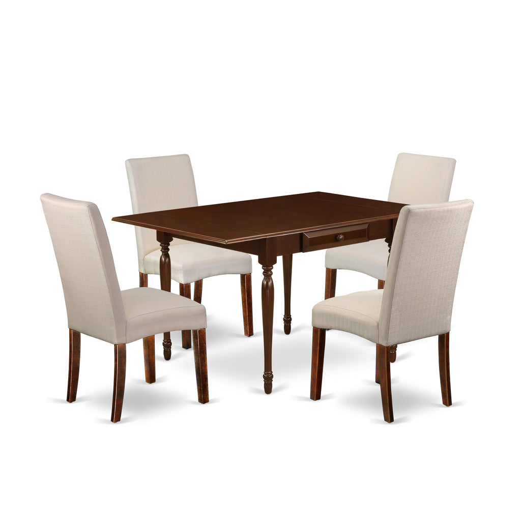 MZDR5-UTR-72 Dining Ensemble 5-Piece Mahogany Table Set with 4 Upholstered Cream Chairs and Versatile Dropleaf Design for Compact Spaces