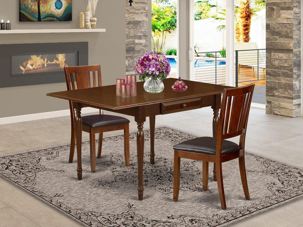 MZDU3-IFV-02 Three-Piece Compact Dining Ensemble Drop-Leaf Table and Two Leather Look Chairs, Mahogany Finish