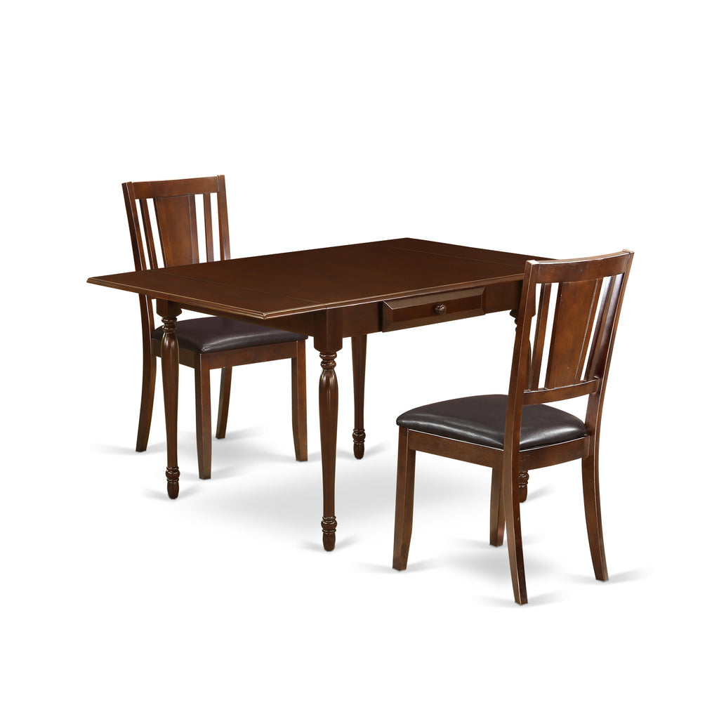 MZDU3-IFV-02 Three-Piece Compact Dining Ensemble Drop-Leaf Table and Two Leather Look Chairs, Mahogany Finish