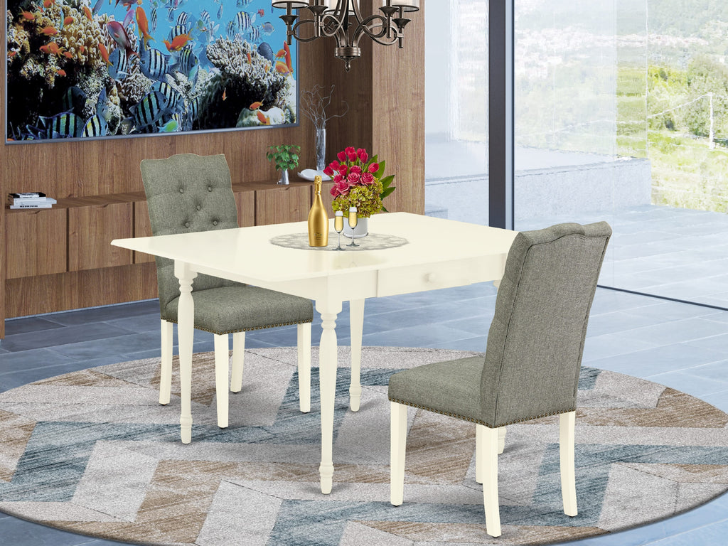 MZEL3-X4H-CD Contemporary 3-Piece Dining Set with Drop Leaf Table and Two Gray Upholstered Chairs, Linen White Finish, 36x54