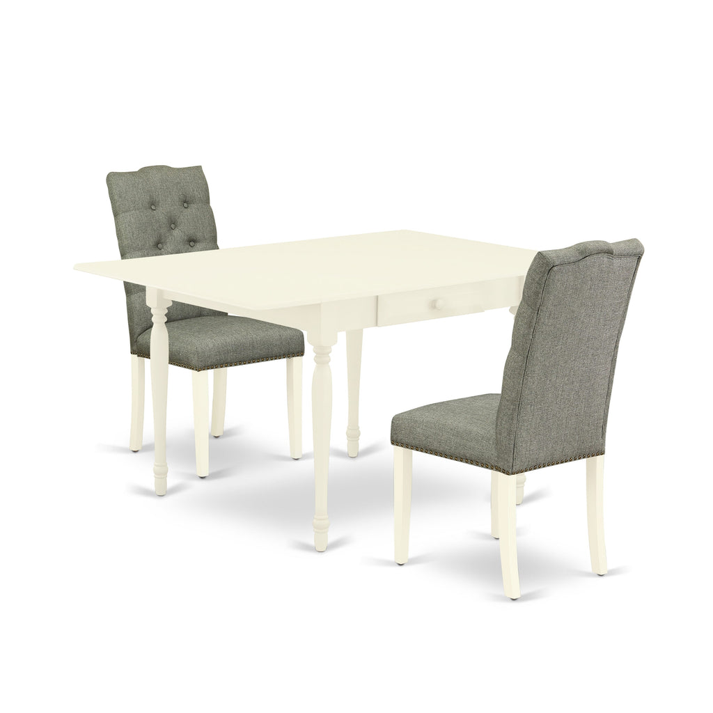 MZEL3-X4H-CD Contemporary 3-Piece Dining Set with Drop Leaf Table and Two Gray Upholstered Chairs, Linen White Finish, 36x54