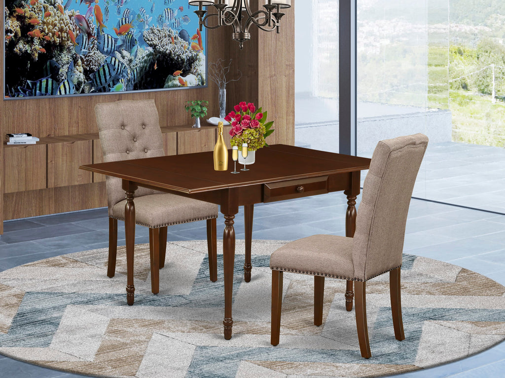 MZEL3-4B8-EX Elegant Mahogany Dining Table Set with Drop Leaf and Two Khaki Upholstered Chairs, 36x54 Inch