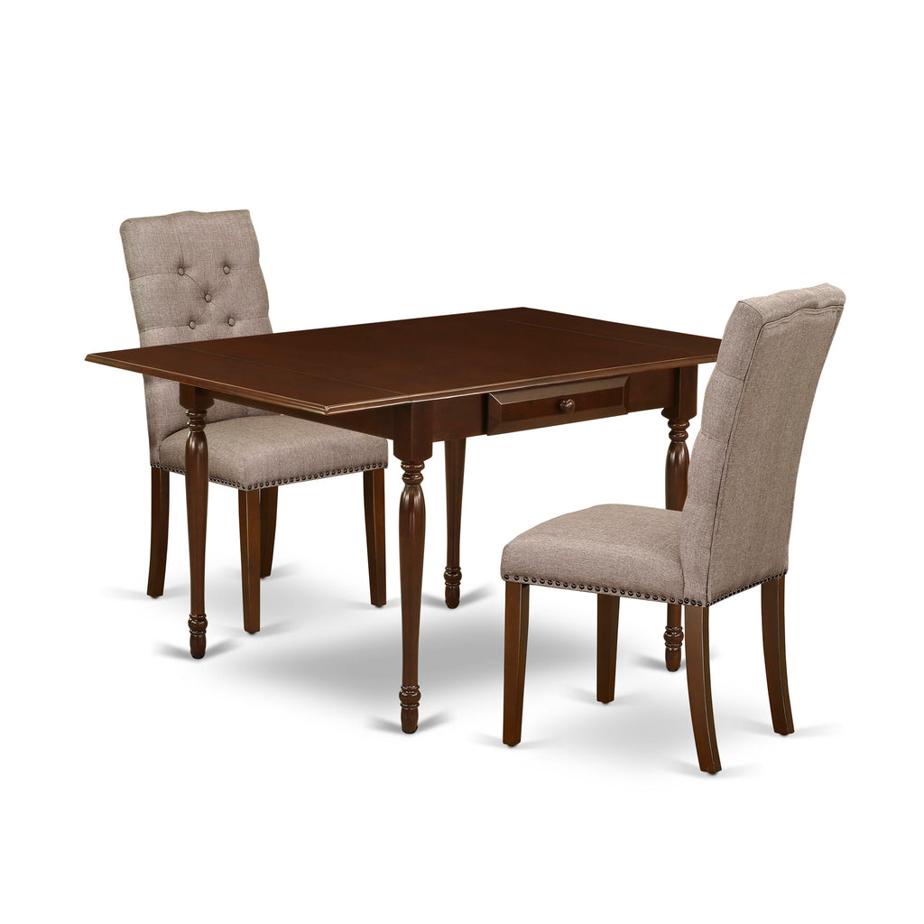 MZEL3-4B8-EX Elegant Mahogany Dining Table Set with Drop Leaf and Two Khaki Upholstered Chairs, 36x54 Inch