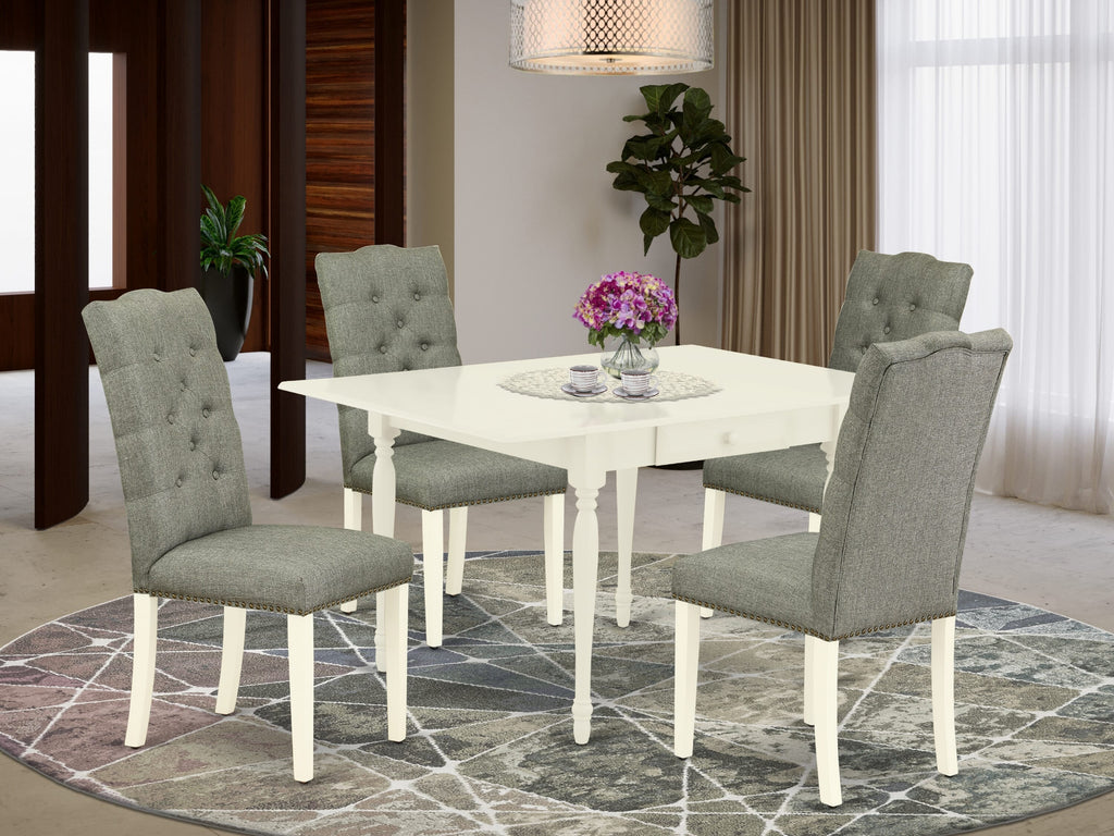 MZEL5-MJM-TH 5-Piece Dining Ensemble with Dropleaf Table and Upholstered Gray Chairs, Linen White Finish