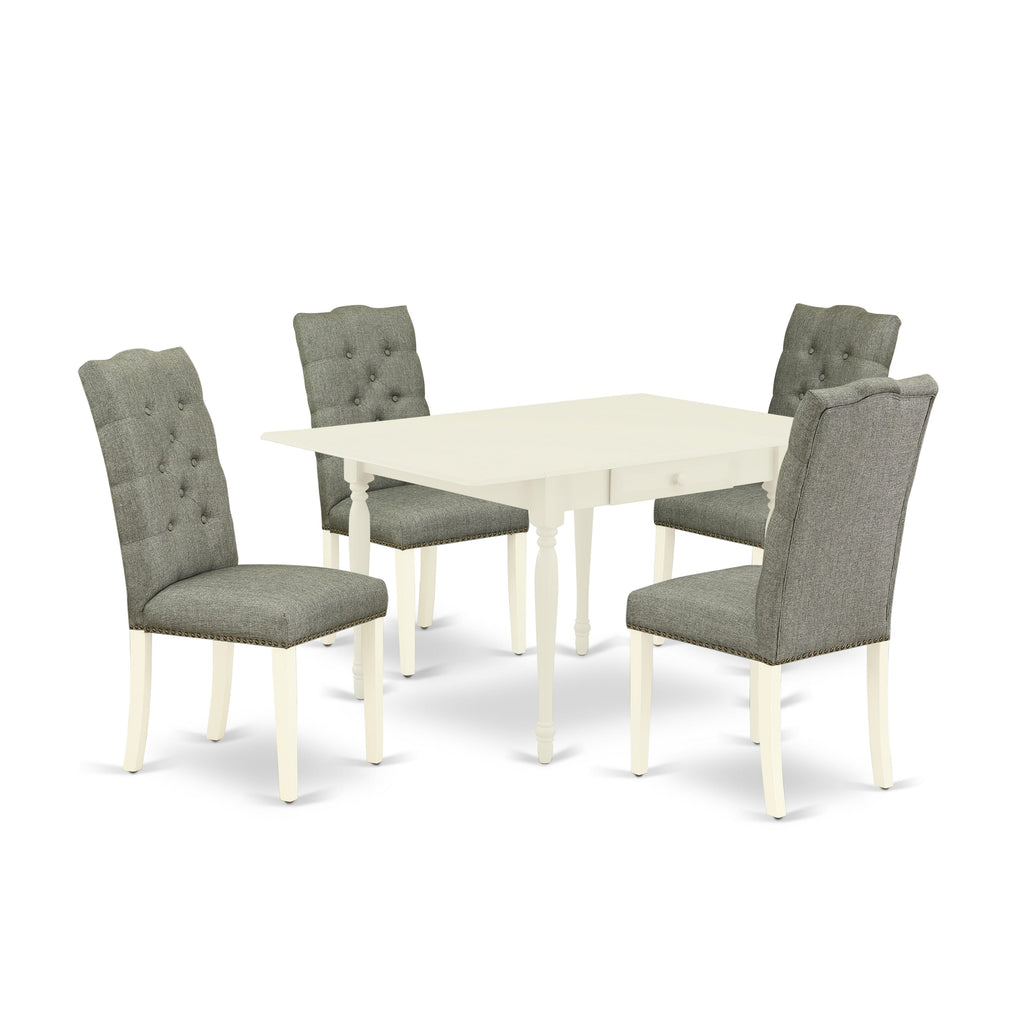 MZEL5-MJM-TH 5-Piece Dining Ensemble with Dropleaf Table and Upholstered Gray Chairs, Linen White Finish