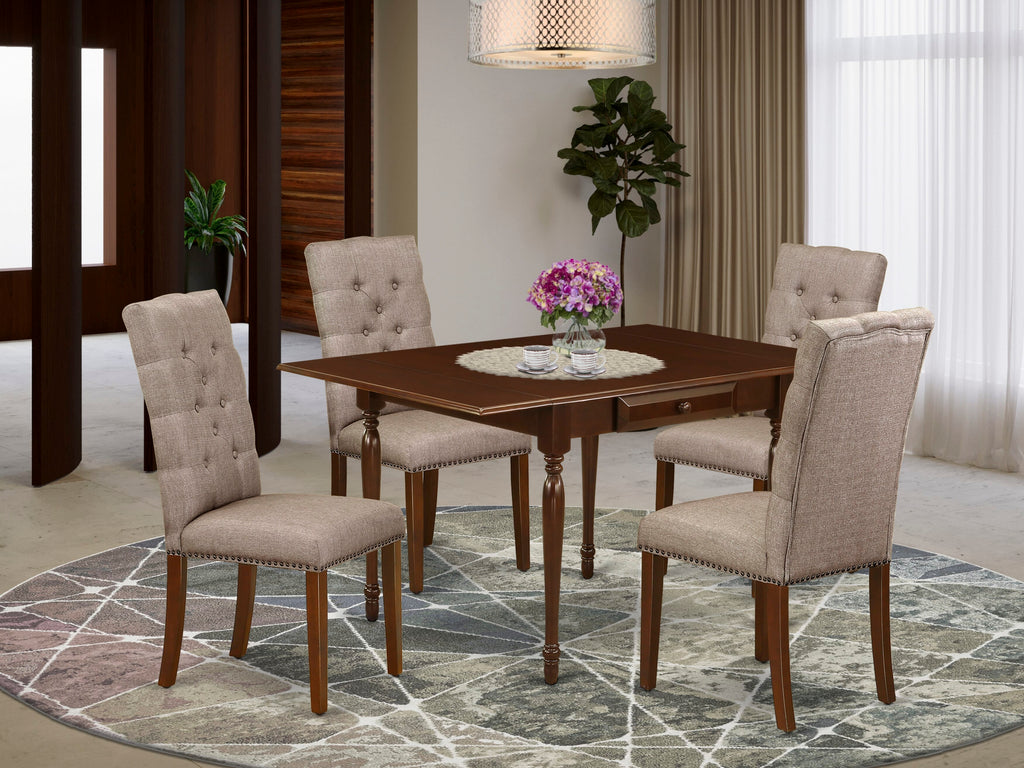 MZEL5-THM-UN Mahogany 5-Piece Drop Leaf Dining Set with Linen Khaki Chairs, Rectangle Table