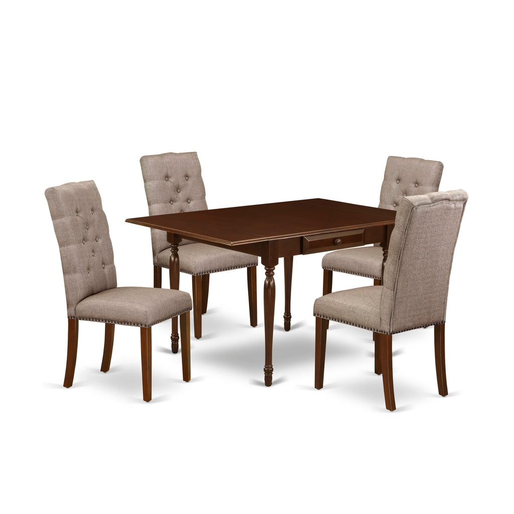 MZEL5-THM-UN Mahogany 5-Piece Drop Leaf Dining Set with Linen Khaki Chairs, Rectangle Table