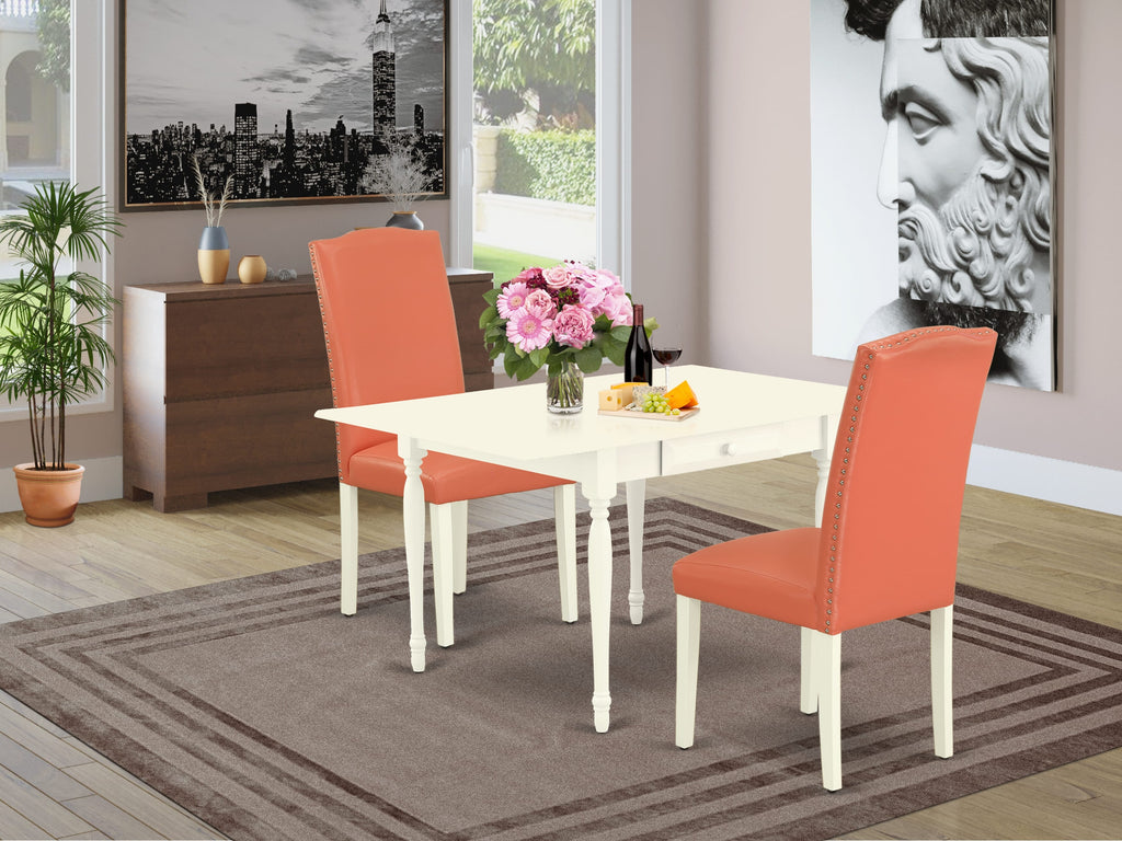 Dining Set MZEN3-LHJ-EM 3-Piece Set with Dropleaf Table & Flamingo Pink Parsons Chairs, 36x54, White