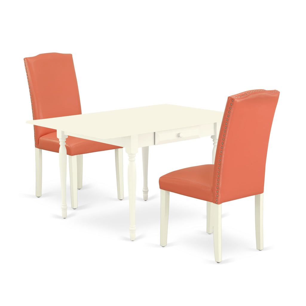Dining Set MZEN3-LHJ-EM 3-Piece Set with Dropleaf Table & Flamingo Pink Parsons Chairs, 36x54, White