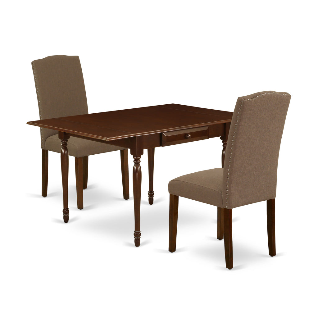 MZEN3-WCE-9O 3-Piece Dining Set of Rectangular Dropleaf Table & Two Chairs with Coffee Fabric in Wood Finish, 36x54 Inch