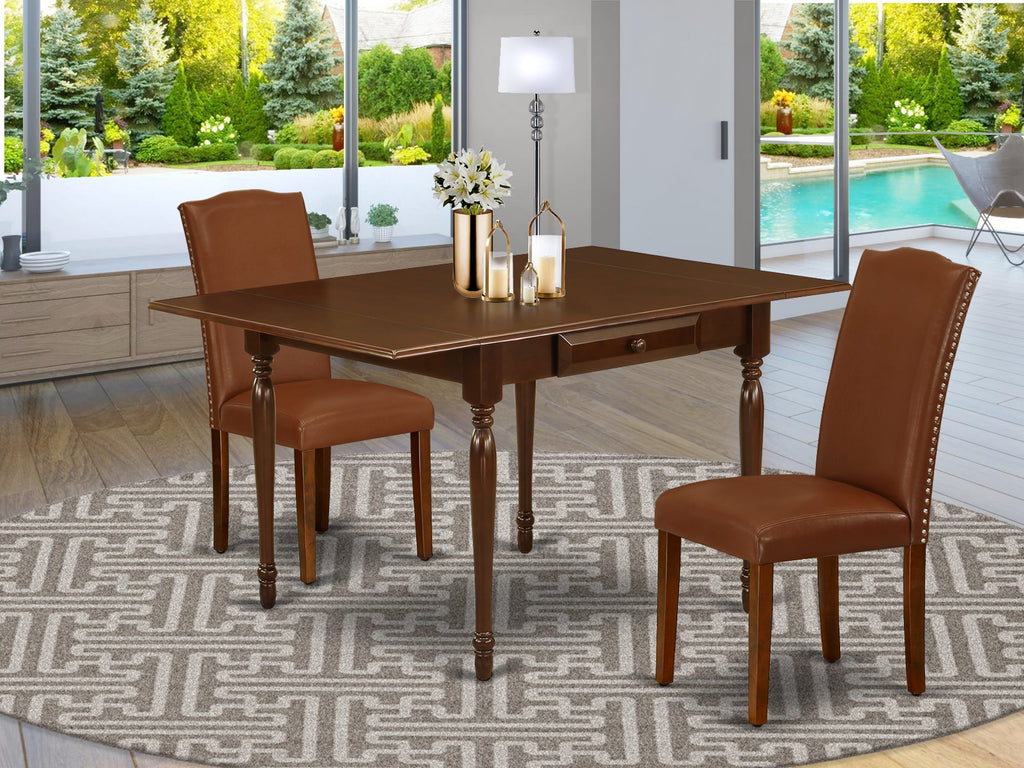 MZEN3-YZ5-79 Modish 3-Piece Dining Ensemble with Dropleaf Table and 2 Sophisticated Brown Chairs, 36x54 In, Rich Mahogany