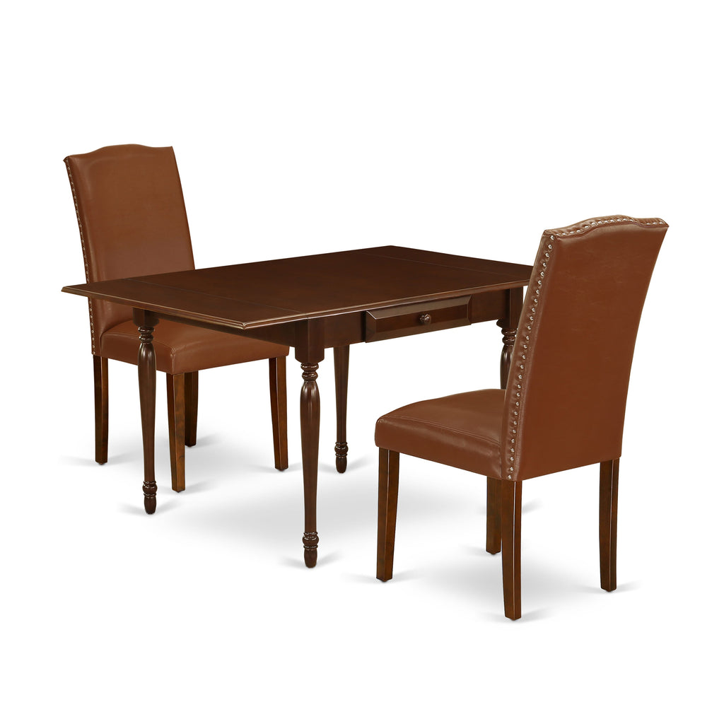 MZEN3-YZ5-79 Modish 3-Piece Dining Ensemble with Dropleaf Table and 2 Sophisticated Brown Chairs, 36x54 In, Rich Mahogany