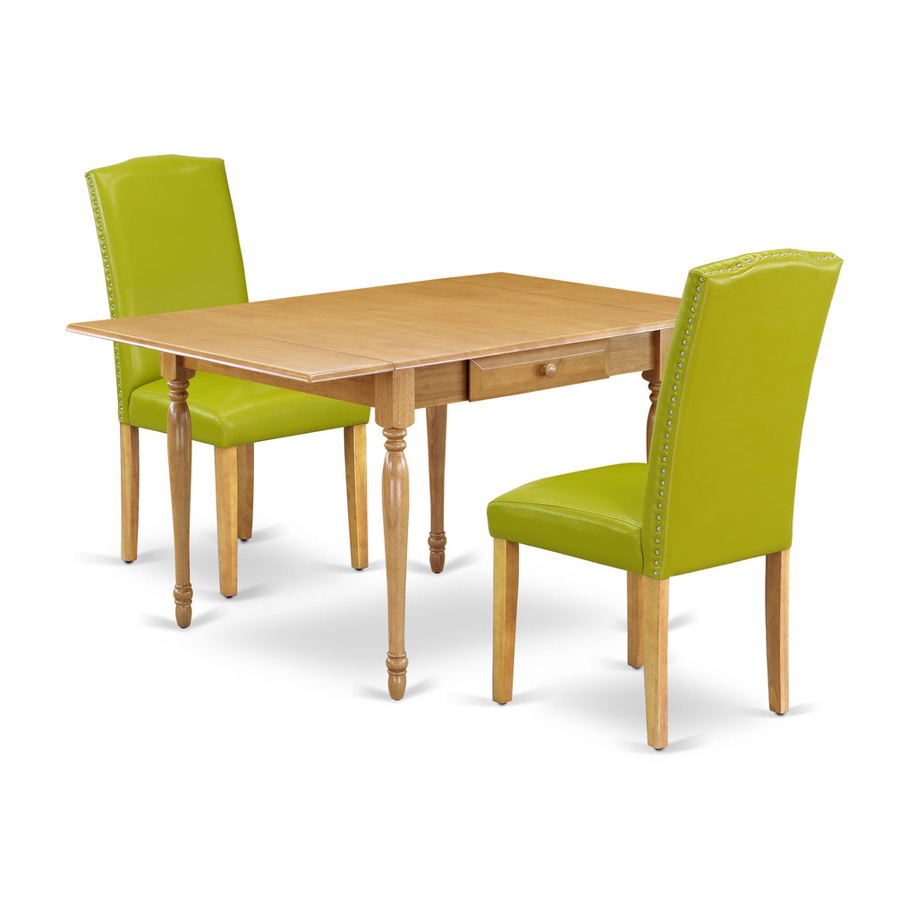Cozy MZEN3-N9I-MD Trio Set Drop Leaf Table & Autumn Green Faux Chairs - Oak Finish 36x54
