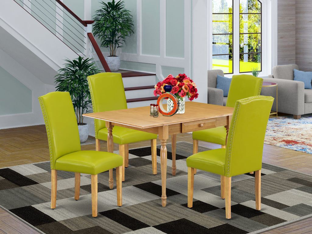 MZEN5-UB1-AT 5-Piece Dining Ensemble Featuring Table with Dropleaf & Green Leather Parson Chairs, 36x54 Oak Design