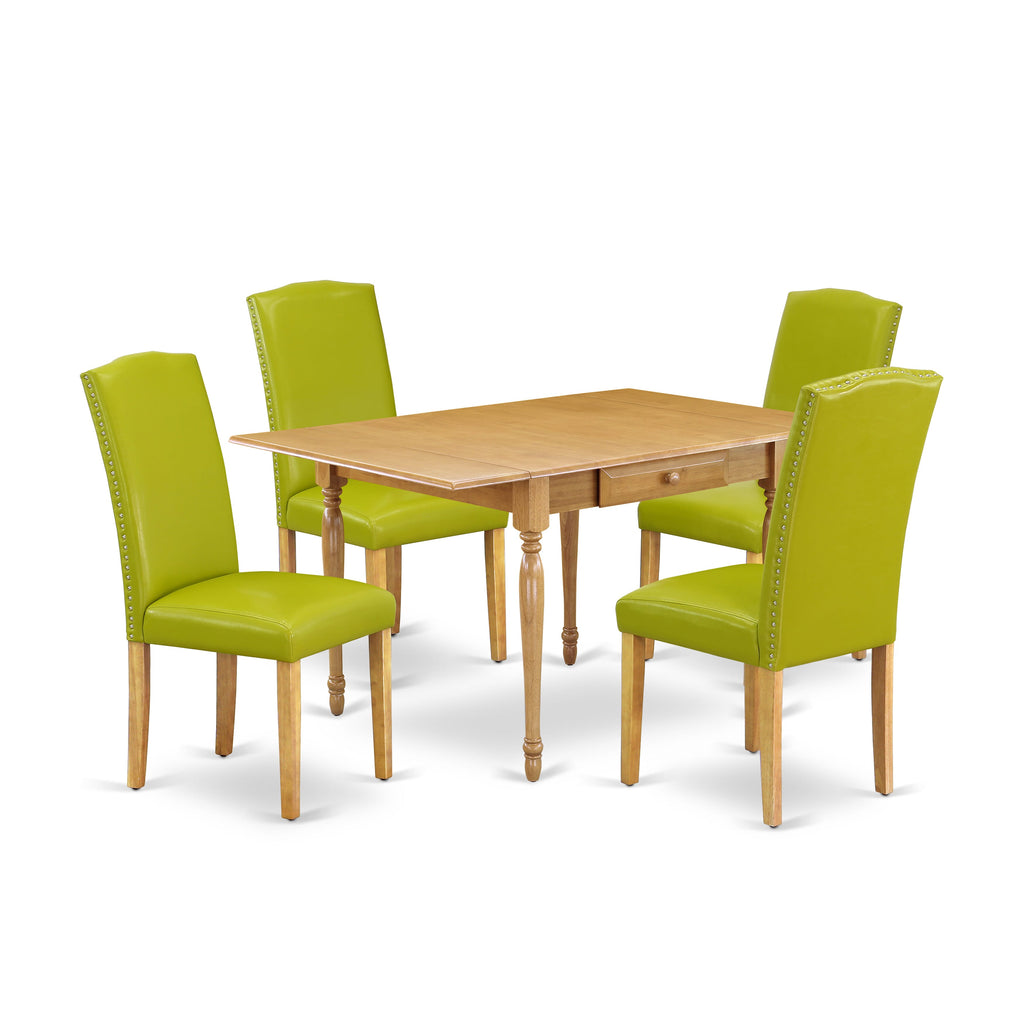 MZEN5-UB1-AT 5-Piece Dining Ensemble Featuring Table with Dropleaf & Green Leather Parson Chairs, 36x54 Oak Design
