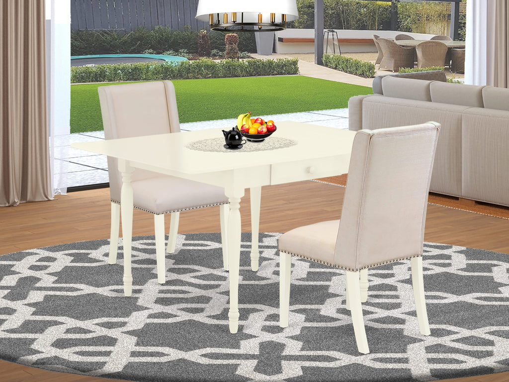 MZFL3-AZ4-TC 3-Piece Dining Set with Rectangle Table and Cream Linen Upholstered Chairs, 36x54 Inch, Linen White