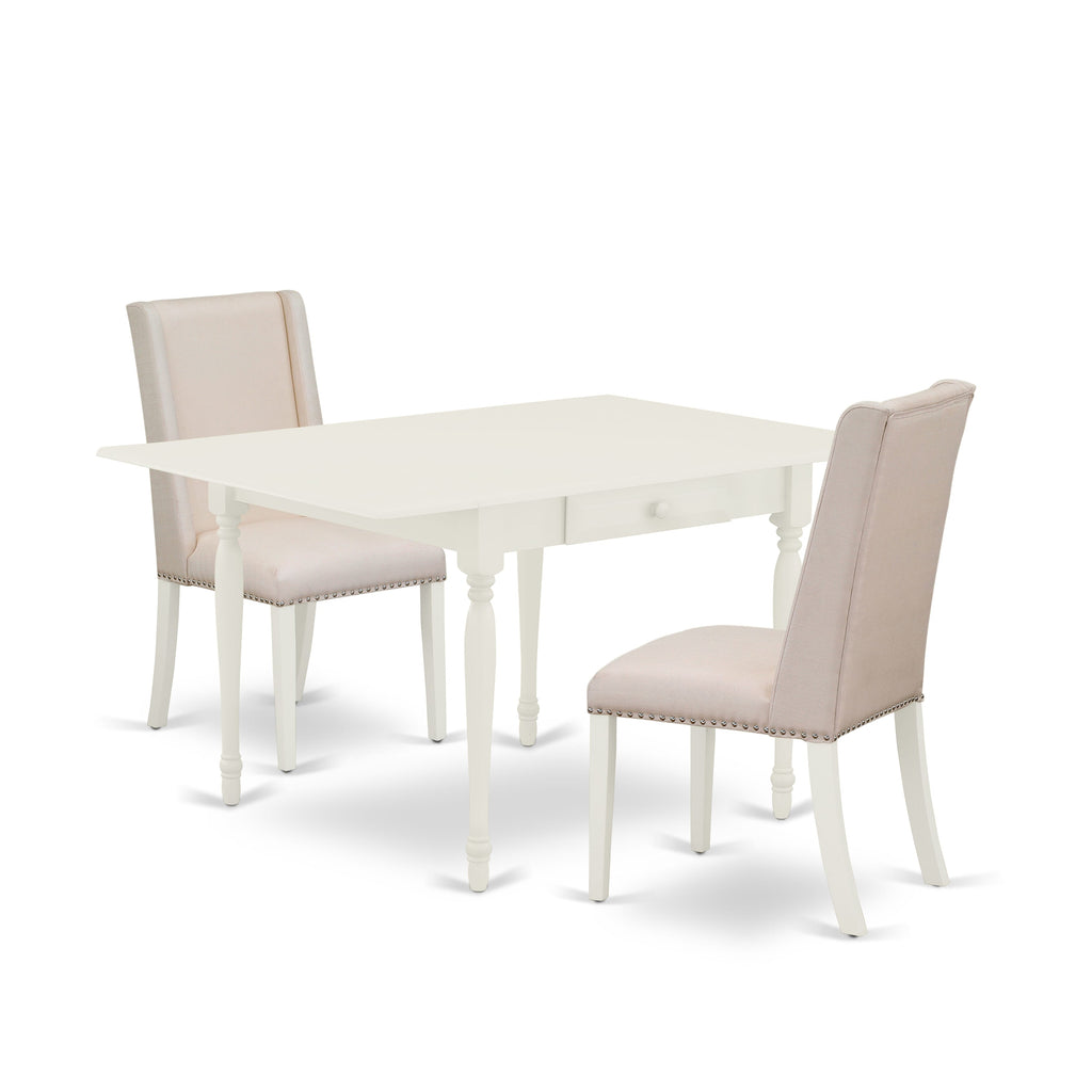 MZFL3-AZ4-TC 3-Piece Dining Set with Rectangle Table and Cream Linen Upholstered Chairs, 36x54 Inch, Linen White
