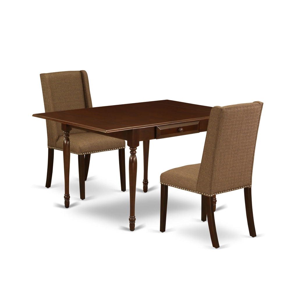 MZFL3-DRH-L2 Elegant 3-Piece Dining Ensemble with Expandable Table and 2 Upholstered Chairs for Cozy Gatherings in Mahogany