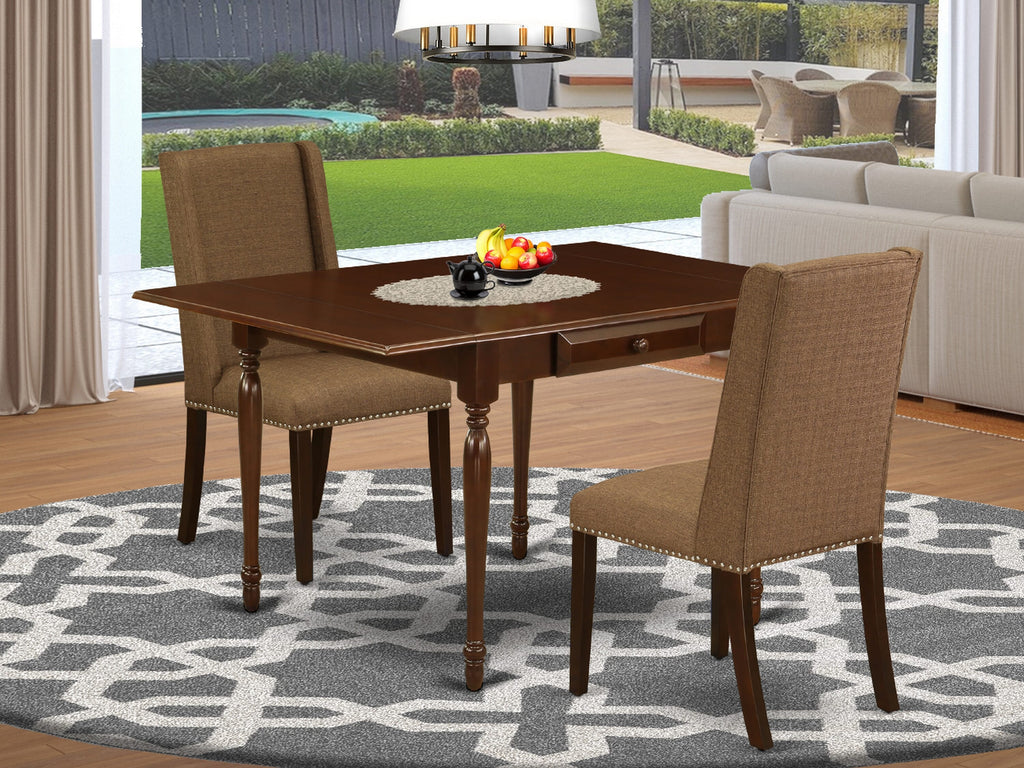 MZFL3-DRH-L2 Elegant 3-Piece Dining Ensemble with Expandable Table and 2 Upholstered Chairs for Cozy Gatherings in Mahogany