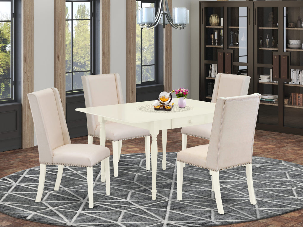 MZFL5-OT2-78 5-Piece Dining Set Rectangular Dropleaf Table & 4 Cream Parson Chairs in White Finish