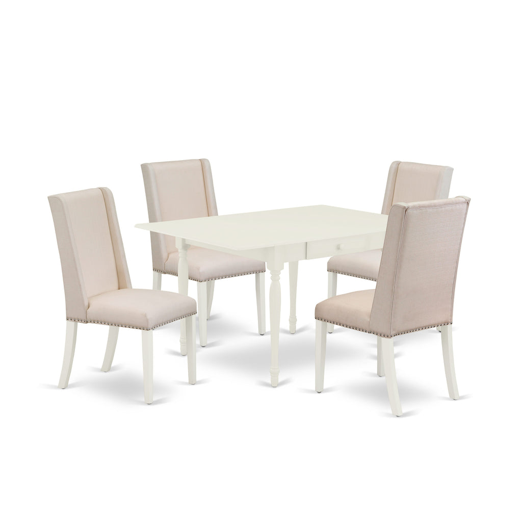 MZFL5-OT2-78 5-Piece Dining Set Rectangular Dropleaf Table & 4 Cream Parson Chairs in White Finish
