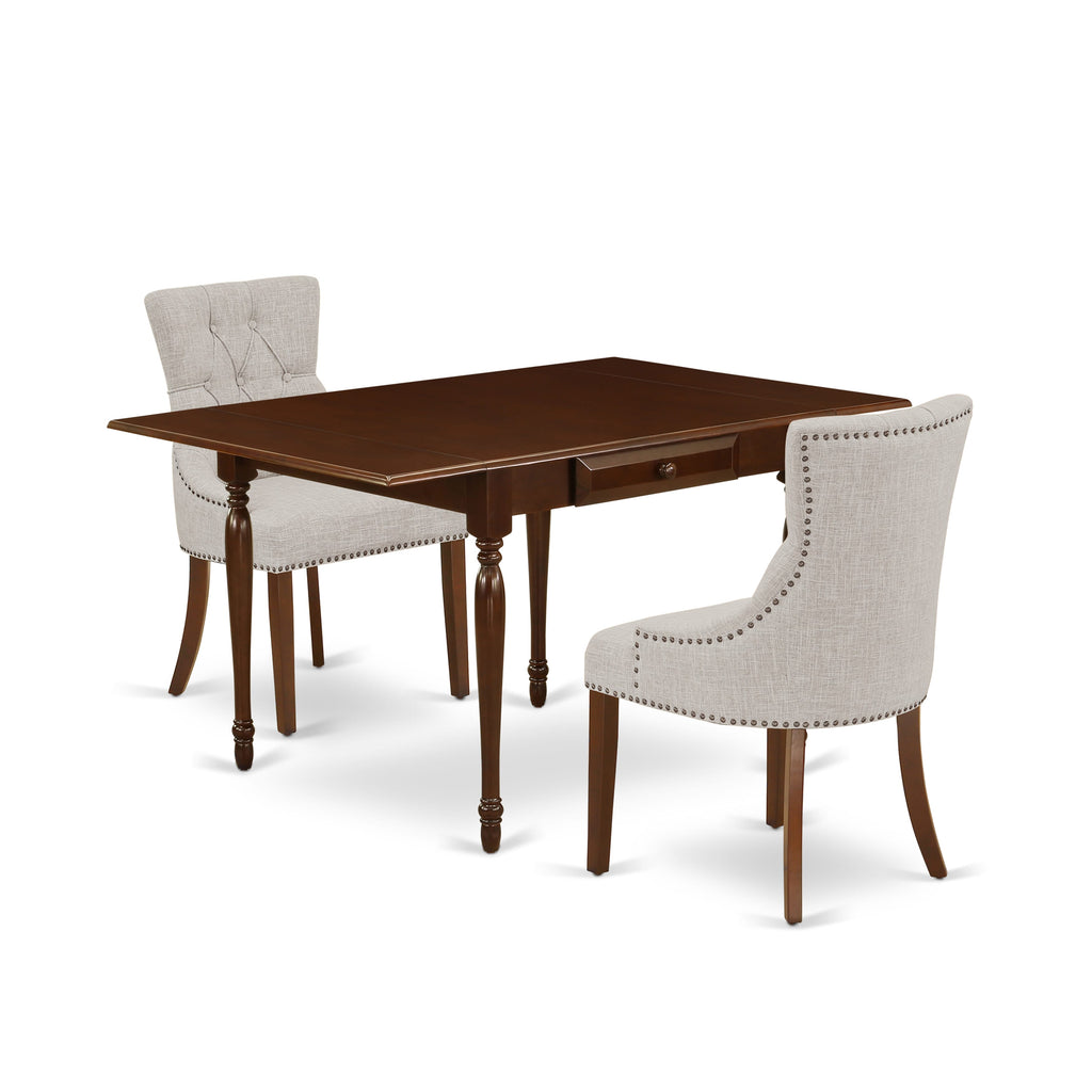 MZFR3-QZT-PO Cozy 3 Piece Dining Set with Dropleaf Table and Parson Chairs, 36x54, Mahogany