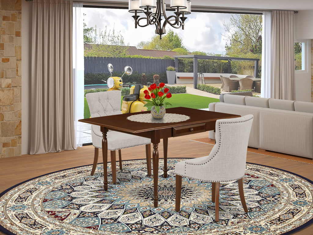 MZFR3-QZT-PO Cozy 3 Piece Dining Set with Dropleaf Table and Parson Chairs, 36x54, Mahogany