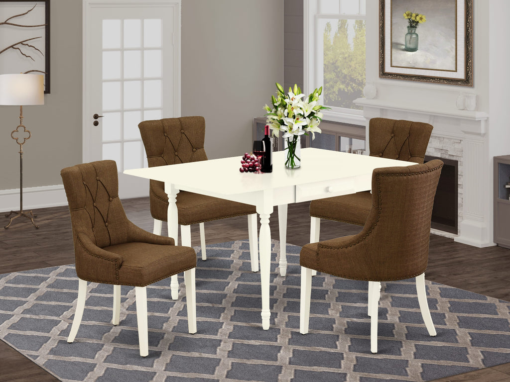 MZFR5-A5B-NI 5 Pc Dining Set White Rectangular Dropleaf Table & 4 Upholstered Chairs, Brown Linen