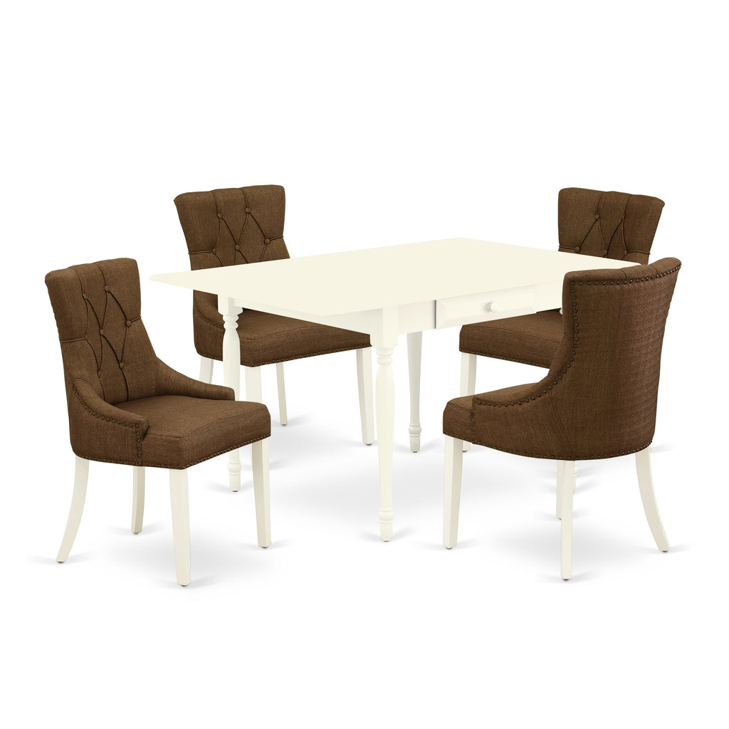 MZFR5-A5B-NI 5 Pc Dining Set White Rectangular Dropleaf Table & 4 Upholstered Chairs, Brown Linen
