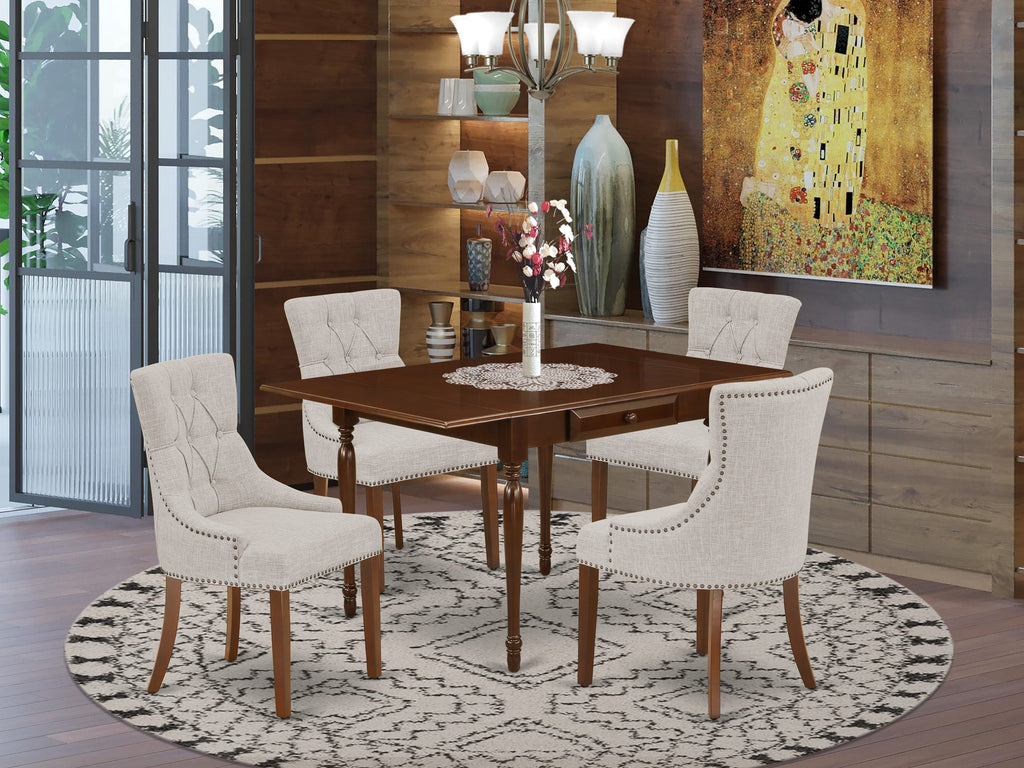 MZFR5-UJ6-W0 5-Piece Dining Set with Extendable Rectangle Table & Fabric Parson Chairs, Mahogany Elegance