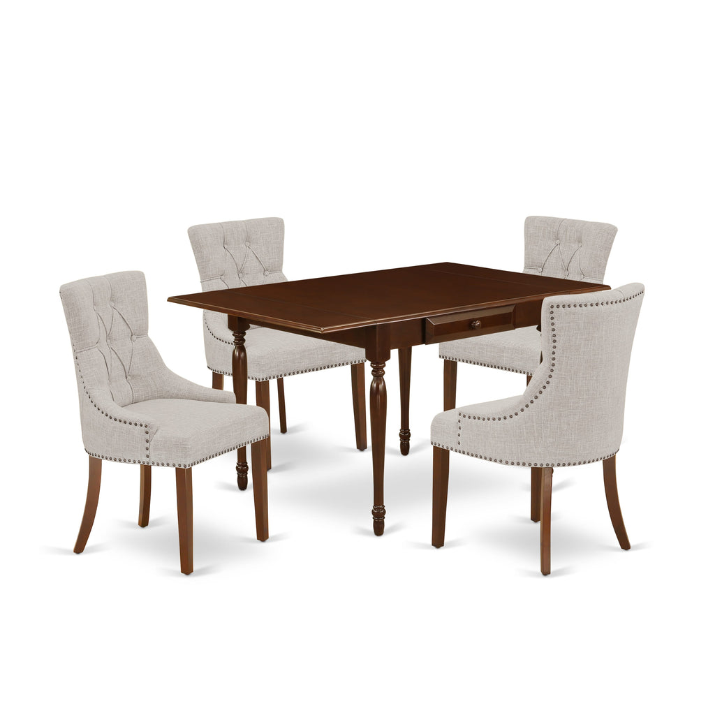 MZFR5-UJ6-W0 5-Piece Dining Set with Extendable Rectangle Table & Fabric Parson Chairs, Mahogany Elegance