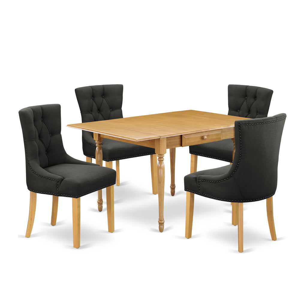 MZFR5-456-I7 Chic 5 Pc Dining Ensemble Oak Table with Dropleaf & Gotham Grey Upholstered Chairs