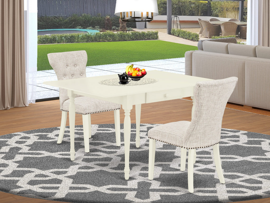 MZGA3-CHL-XS Compact 3-Piece Dining Set with Drop Leaf Table and Two Fabric Parsons Chairs in Chic White Finish
