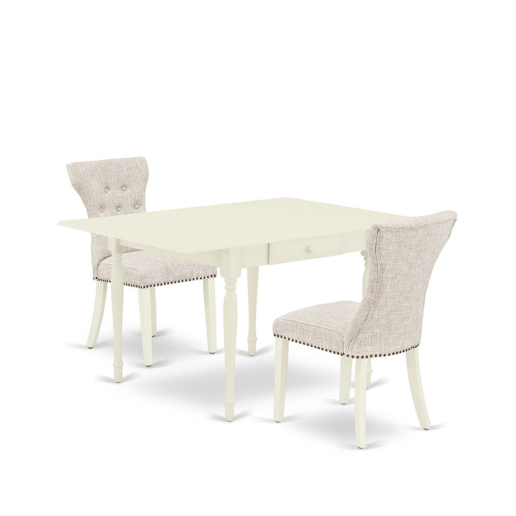 MZGA3-CHL-XS Compact 3-Piece Dining Set with Drop Leaf Table and Two Fabric Parsons Chairs in Chic White Finish