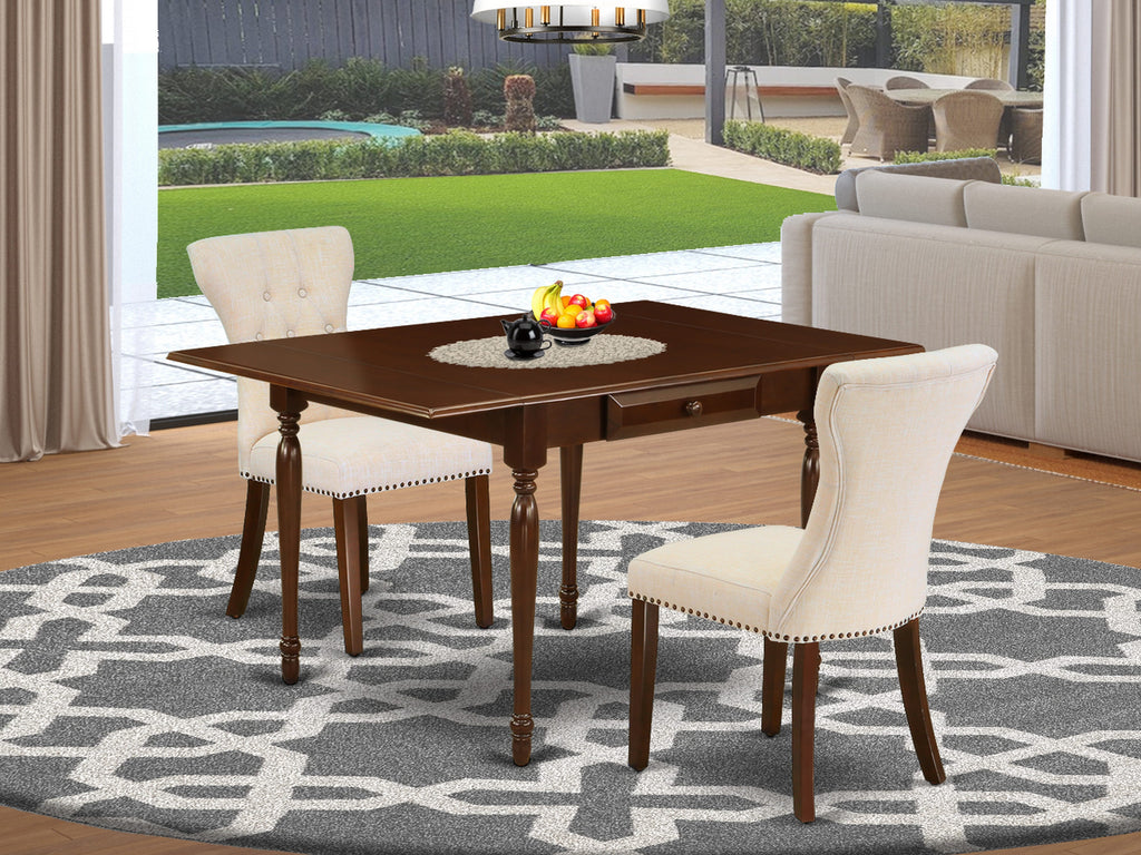 MZGA3-VRE-3H 3-Piece Dining Ensemble Expanding Table with Dropleaf & 2 Beige Linen Chairs, Mahogany Elegance