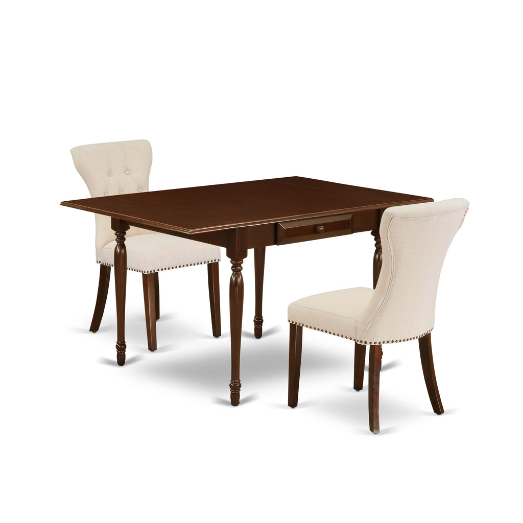 MZGA3-VRE-3H 3-Piece Dining Ensemble Expanding Table with Dropleaf & 2 Beige Linen Chairs, Mahogany Elegance