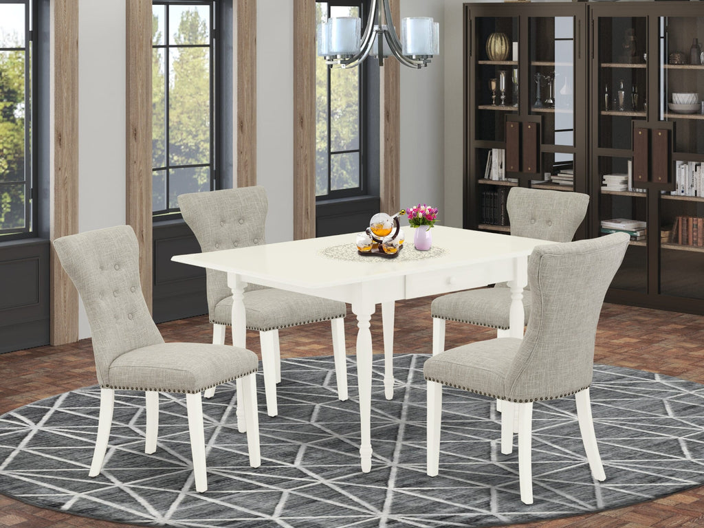 MZGA5-7WP-0Y 5 Piece Dining Ensemble with Converts Dropleaf Table & 4 Doeskin Chairs in Linen White Finish