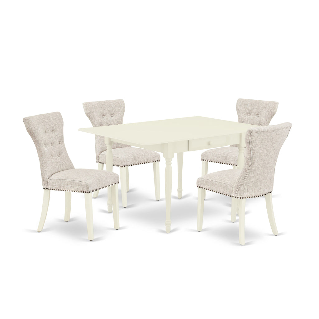 MZGA5-7WP-0Y 5 Piece Dining Ensemble with Converts Dropleaf Table & 4 Doeskin Chairs in Linen White Finish